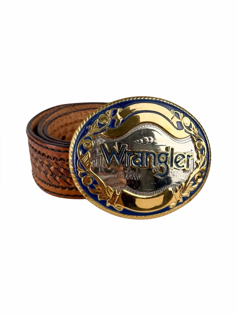 Lyntone Men’s 30 Wrangler Buckle Tooled Latigo Leather Western Belt Vintage
